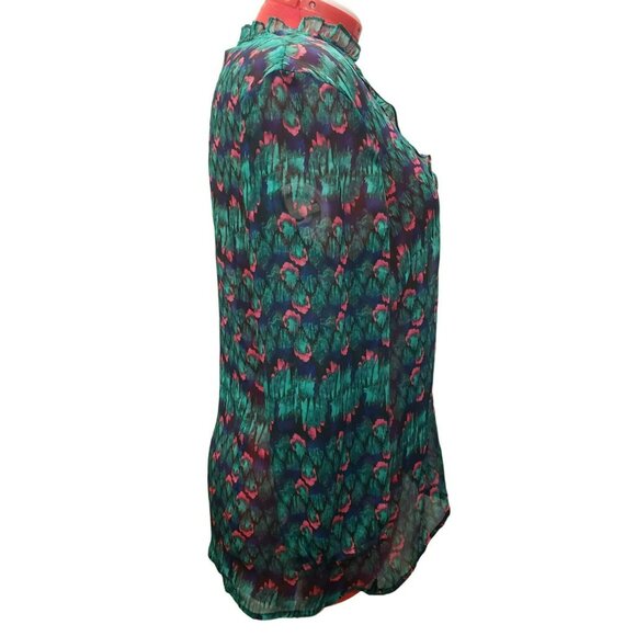 Attention Sheer Ruffled Button-Down Blouse, Pink Green Multicolor, Women's L - Picture 5 of 6